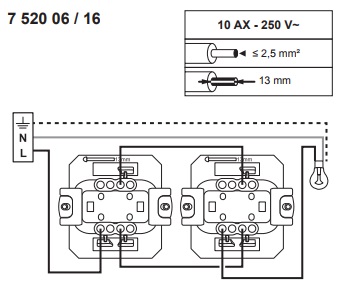Схема подключения 752016 Механизма - выключателя 1-клавишного проходного 10АХ 250В авт.клеммы Valena IN MATIC  : Купить электротовары предлагает Электромаркет Elmar Украина