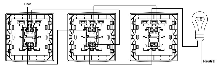 1-канальный 2-позиционный переключатель + промежуточный переключатель + 1-канальный 2-позиционный переключатель 1-канальный 2-позиционный переключатель + промежуточный переключатель + 1-канальный 2-позиционный переключатель